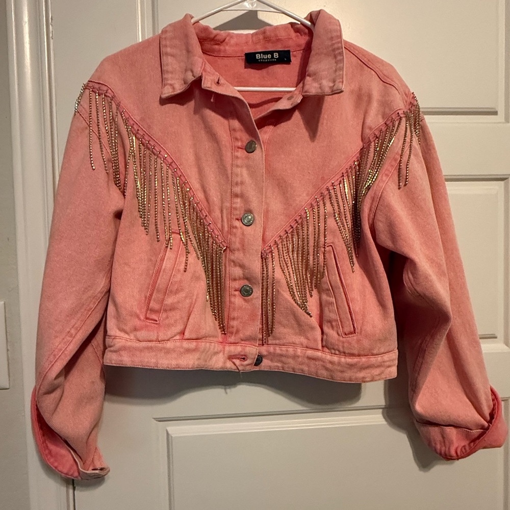 Pink Rhinestone Fringe Denim Jacket